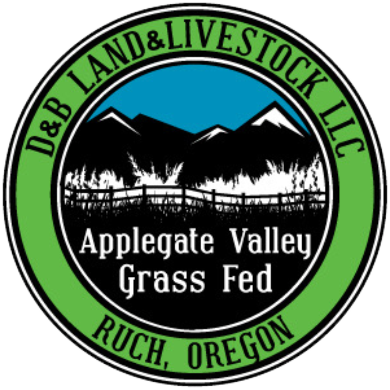 Logo of D&B Land & Livestock LLC, featuring the text "Applegate Valley Grass Fed" and "Ruch, Oregon," set against a backdrop of mountains and a fence, symbolizing sustainable livestock farming in the Applegate Valley.